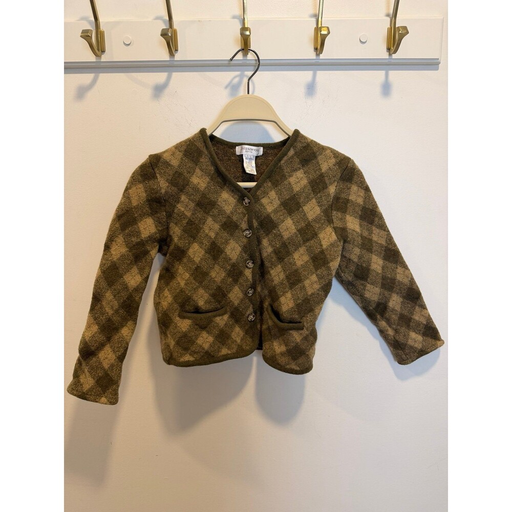 Jones New York Wool Green Checkered Button Up Sweater